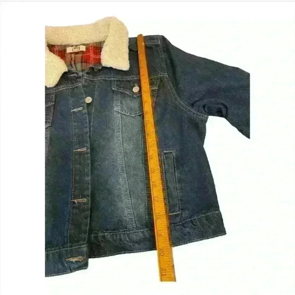 LEI Women's Denim Jacket M Blue Sherpa Collar Plaid Lining Casual - Picture 5 of 5